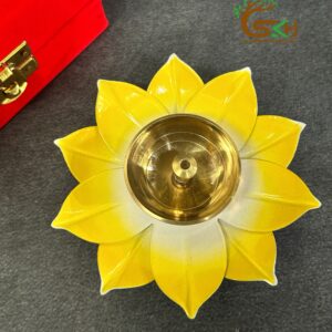 Design Yellow Lotus with Brass Diya / Red Velvet Box suitable for Gifting