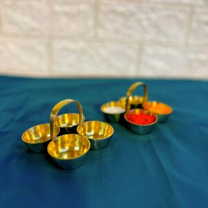 Pure Brass 4 Cups  Haldi, Kumkum Bowl with Handle for Home Temple | Dibbi | Storage Container for Pooja