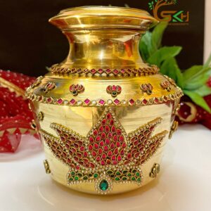 Brass Kalash/ Kalasam with Stone work/ Kundan work on it - Lotus Model