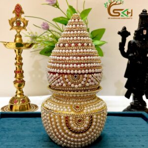 Brass Kalash/ Sombu and Coconut cover / Nariyal Cover Decorated with Kundan Stones auspicious Kalash for pooja or wedding rituals