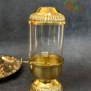 Brass Akhand Diya with Glass Cover for Puja | Oil Lamp | 6.5 inch height